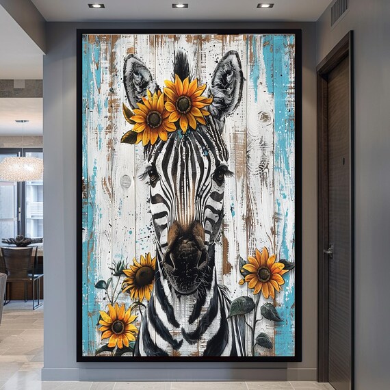 Zebra Wearing a Sunflower Crown on Rustic Wood Planks Poster