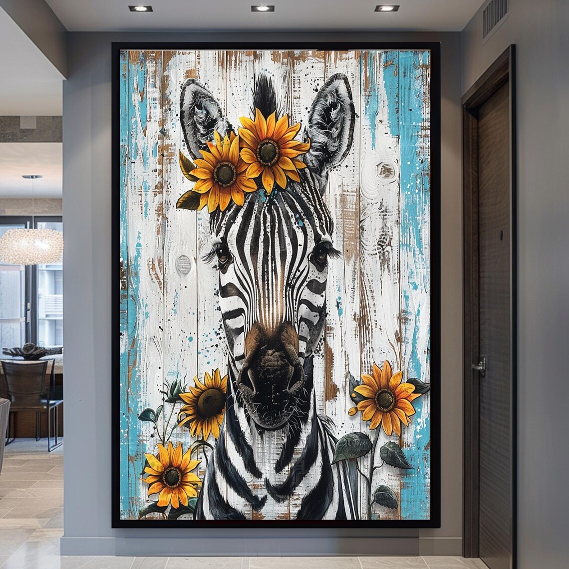 Zebra Wearing a Sunflower Crown on Rustic Wood Planks Poster