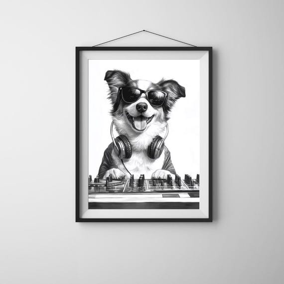 Dj Dog Art Print Funny Black And White Poster