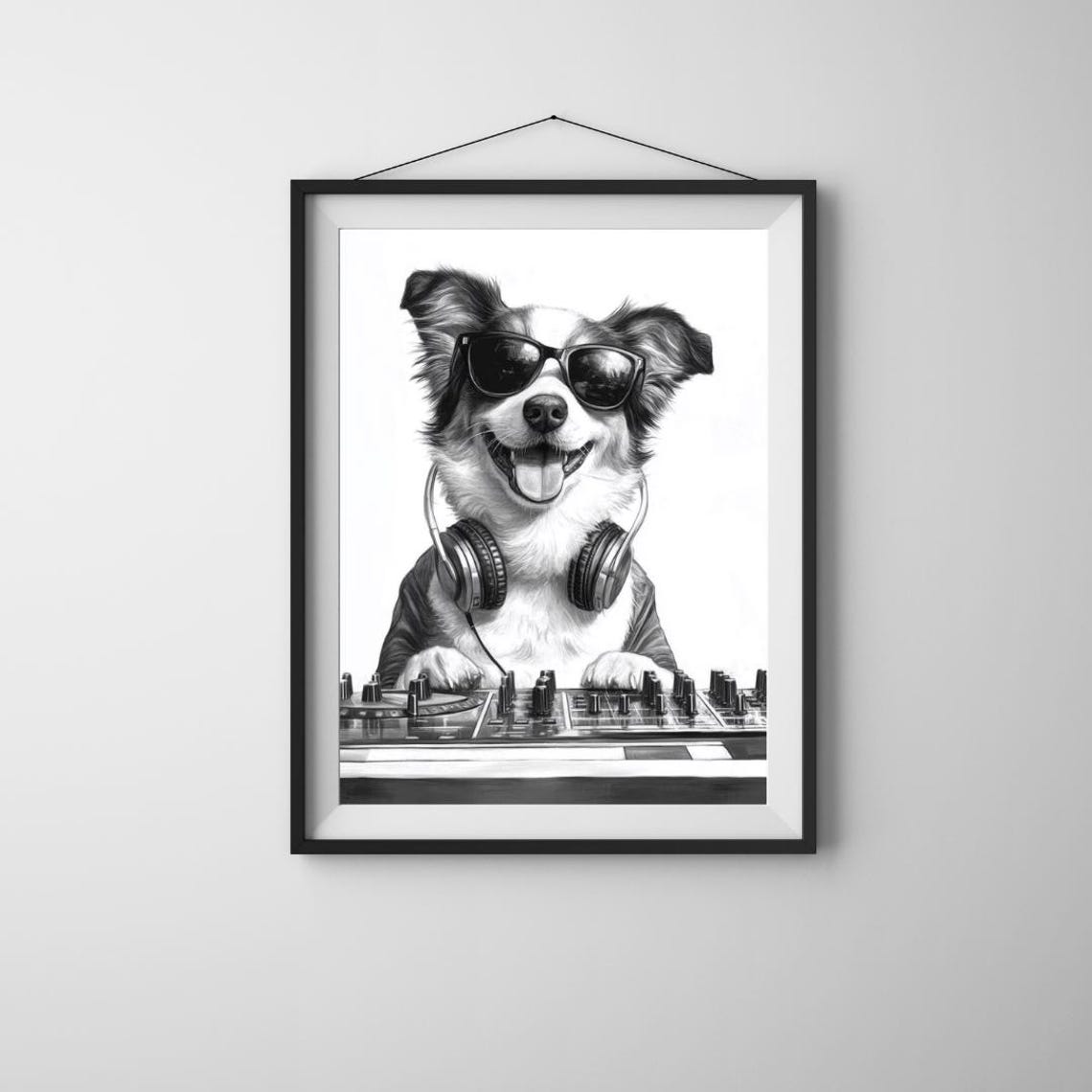 Cool DJ Dog With Sunglasses And Headphones At Turntables Sketch Poster