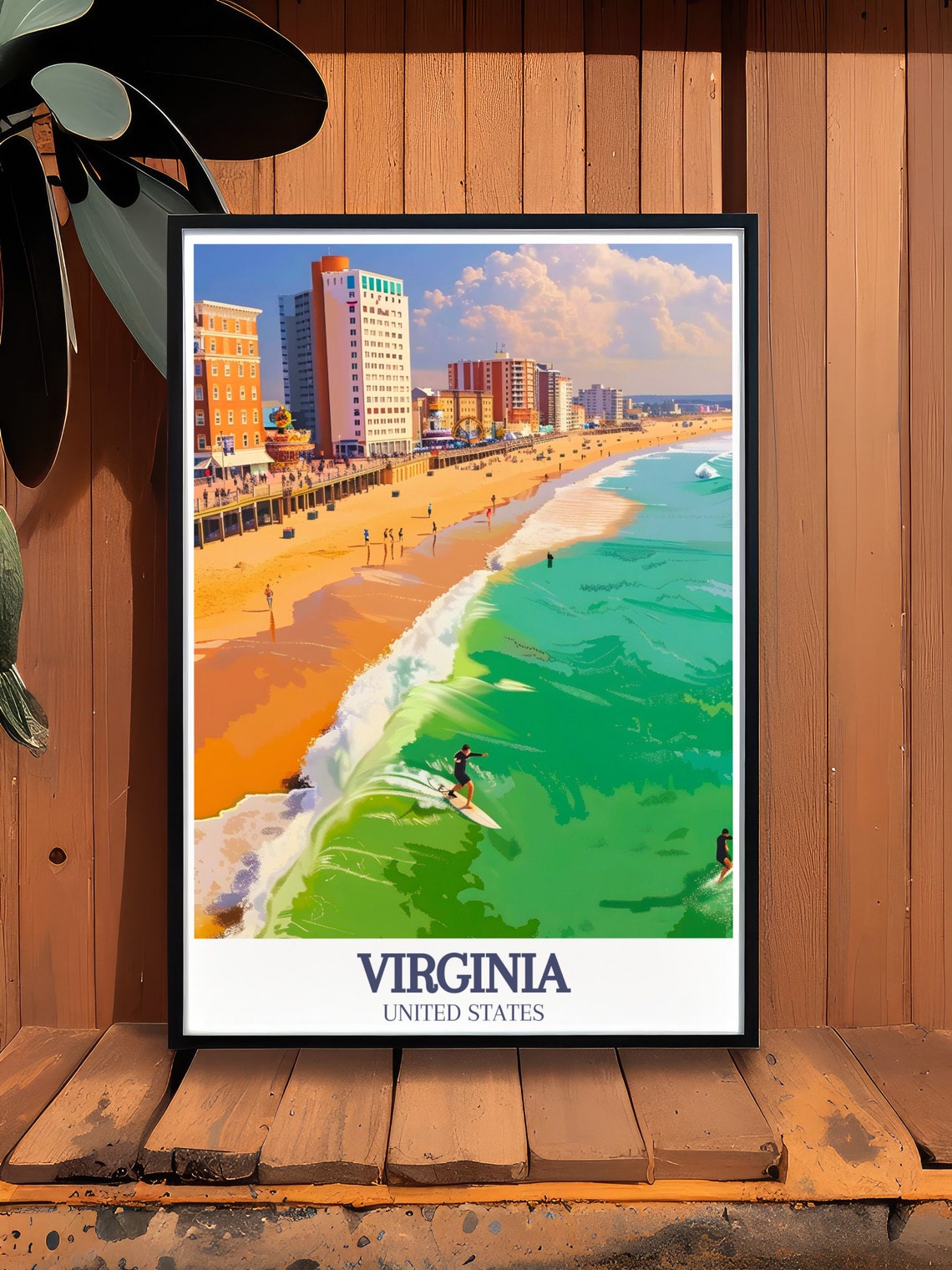 Virginia Beach Boardwalk Surfer Emerald Wave Vintage Travel Poster