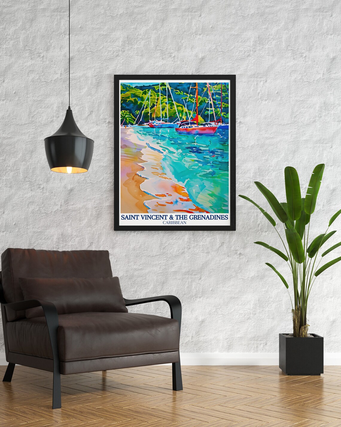 Saint Vincent and Grenadines Sailboats in Bay Watercolor Poster - Image 3