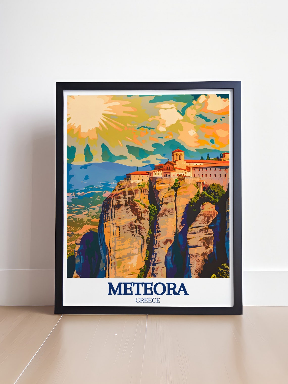 Meteora Cliffs With a Fiery Sunset Over Greece Travel Poster - Image 4