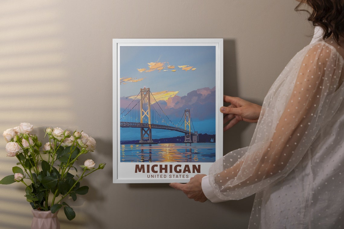 Mackinac Bridge Michigan Evening Dusk Crossing Night Sky Poster - Image 2