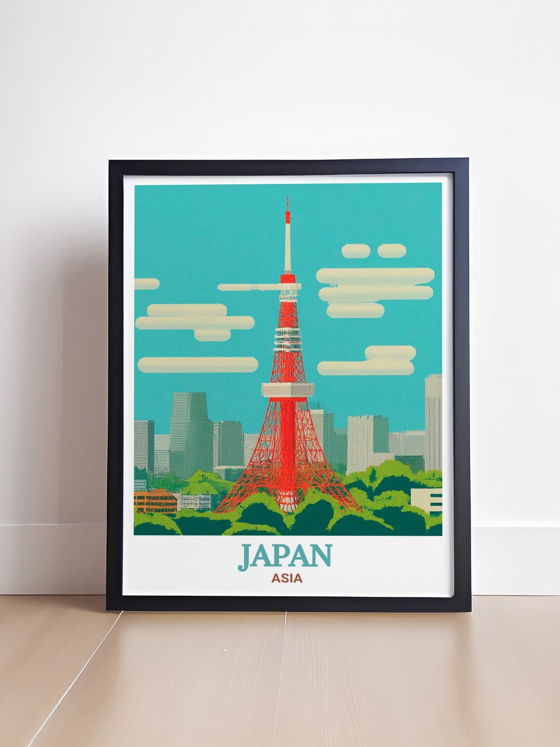 Tokyo Tower Japan Retro Travel Skyline Teal Clouds City Poster - Image 4