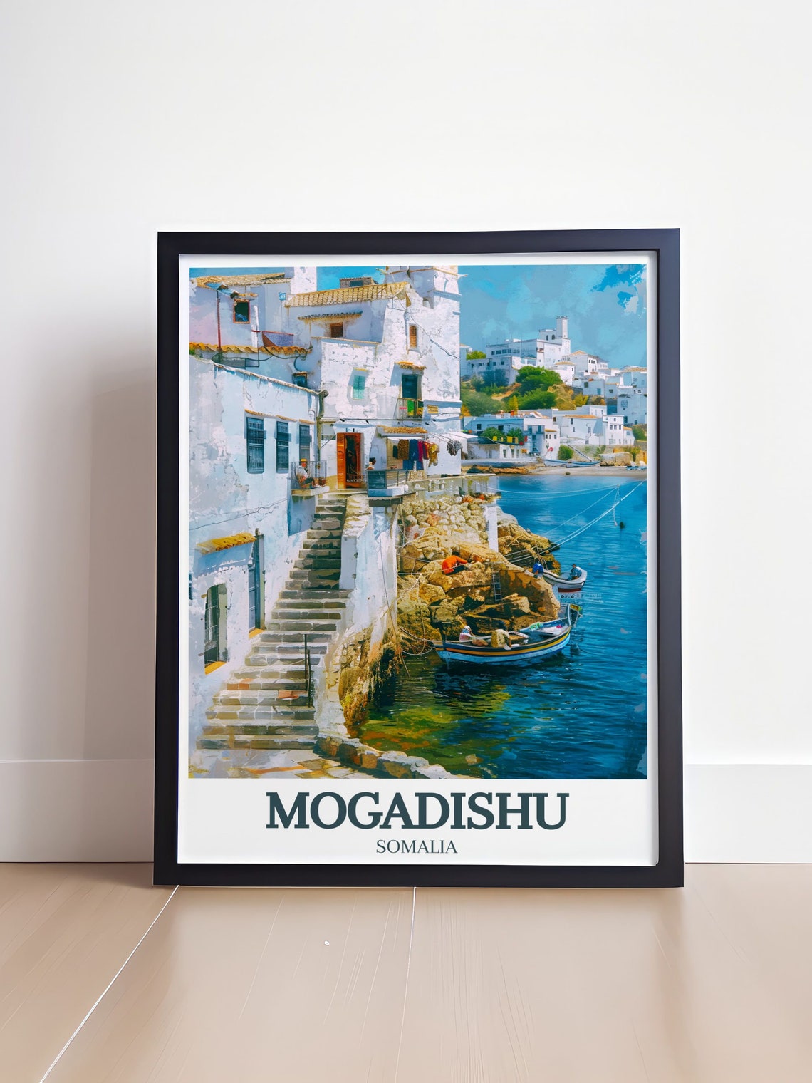 Mogadishu Somalia Whitewashed Coastal Harbor Old Town Travel Poster - Image 4