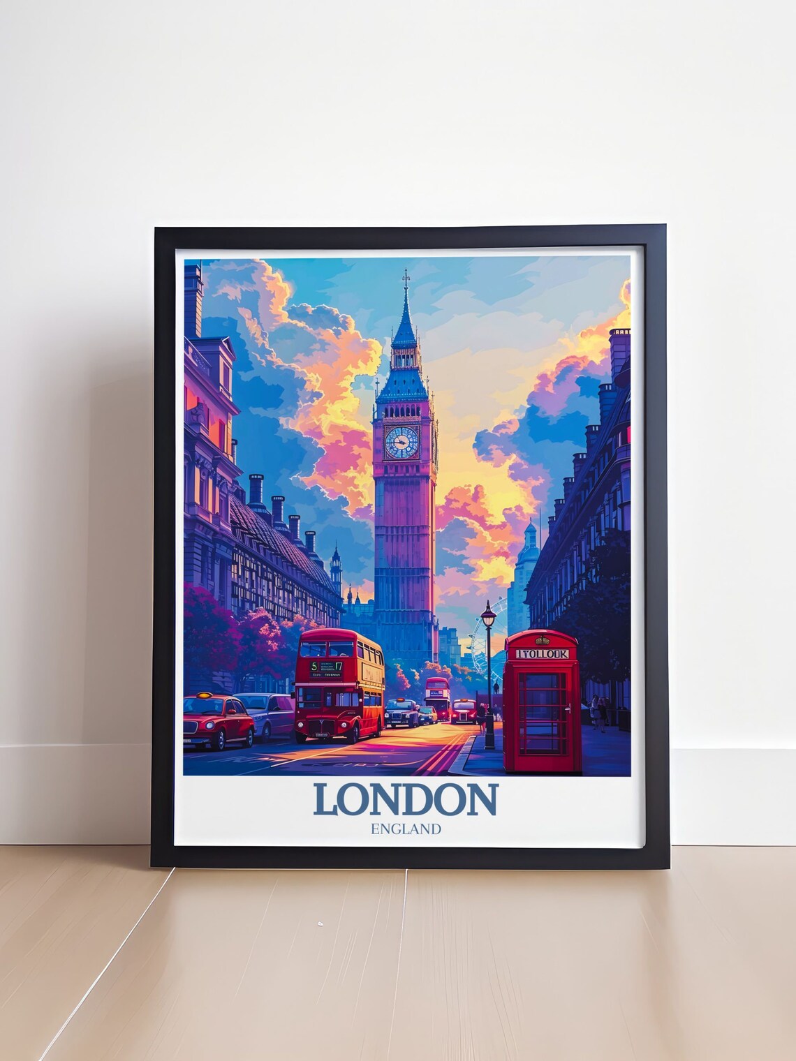 London Big Ben Street Scene Red Bus Phone Box Sunset Travel Poster - Image 4