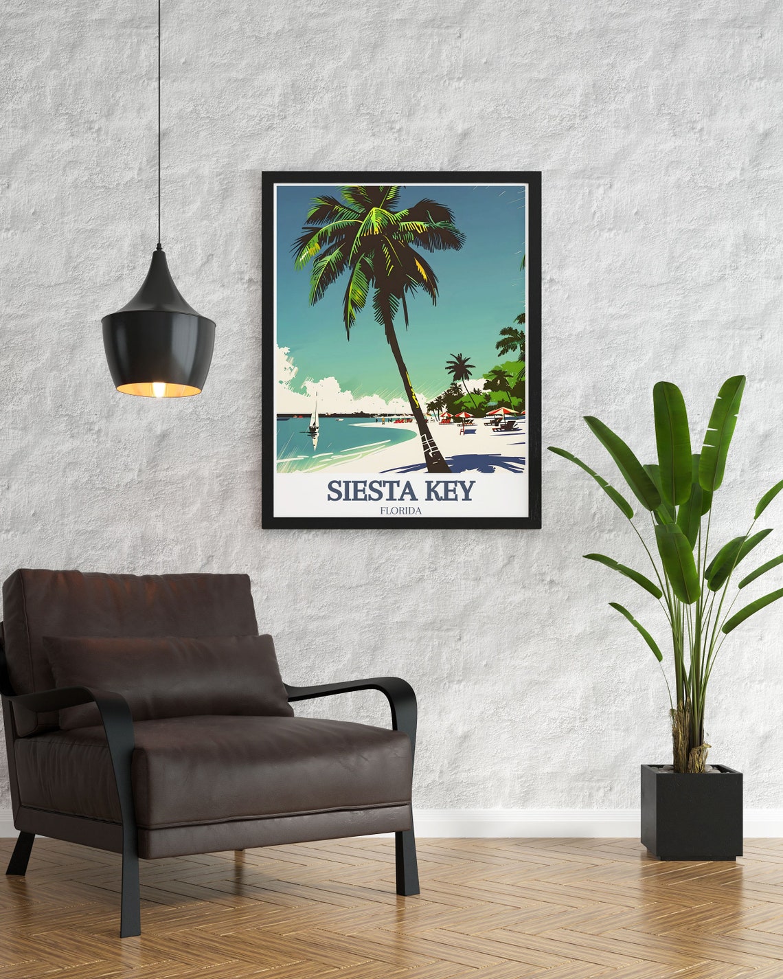 Siesta Key Beach Leaning Palm Tree Sailboat Umbrellas Coast Poster - Image 2
