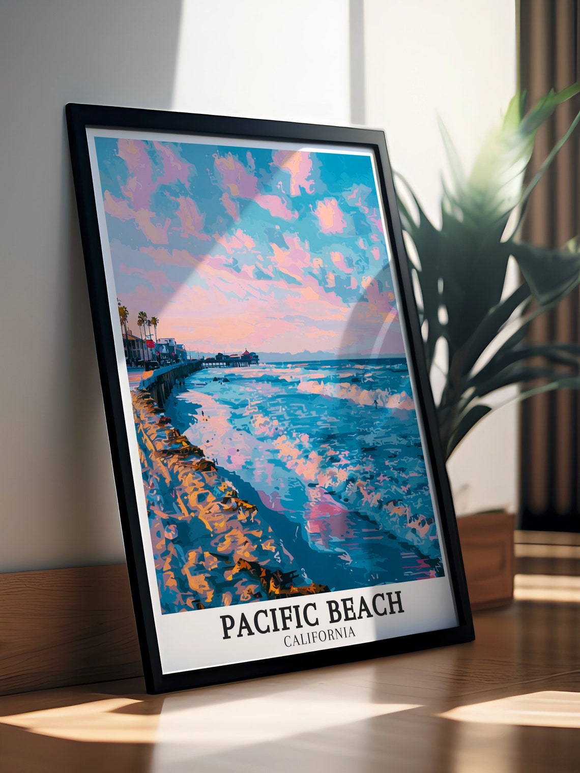 Pacific Beach California Pink Sunset Boardwalk Surf Scene Poster - Image 3