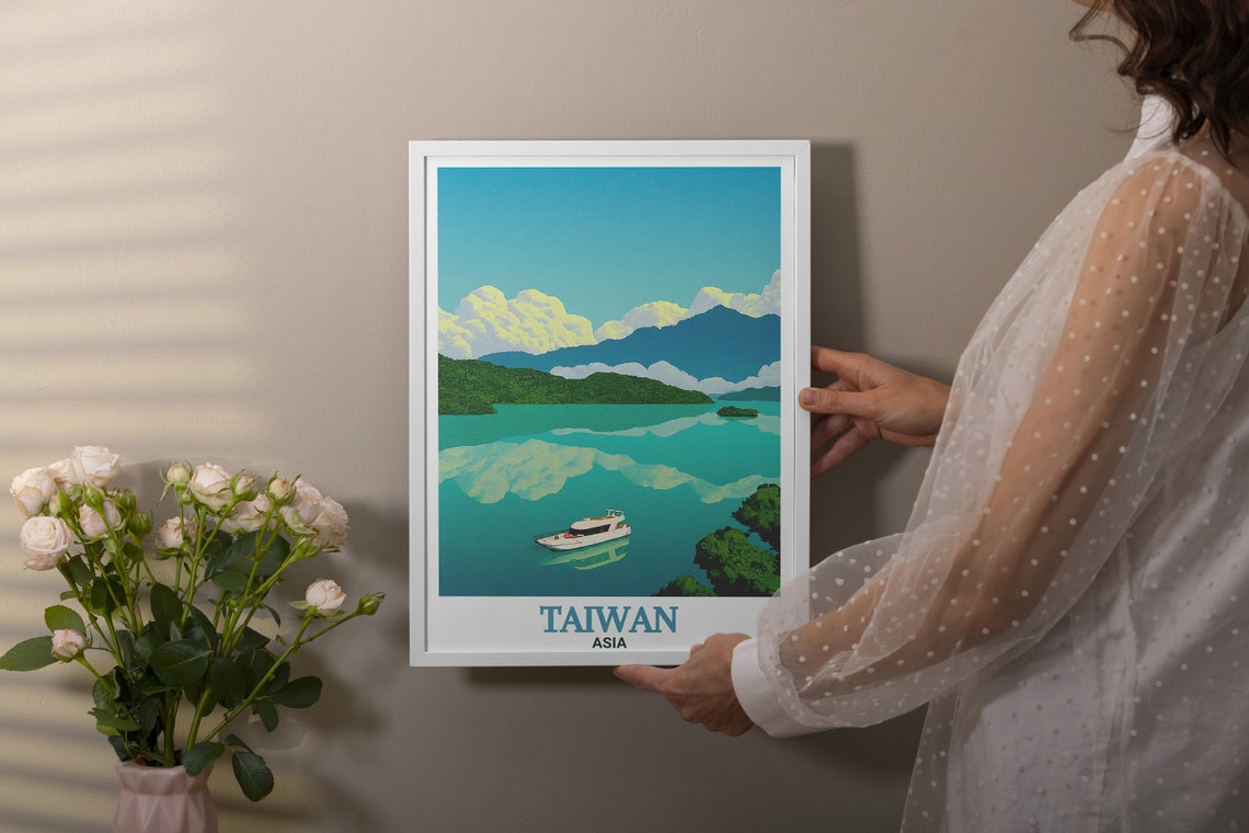 Taiwan Sun Moon Lake Boat Mountainside Reflection Travel Poster - Image 3