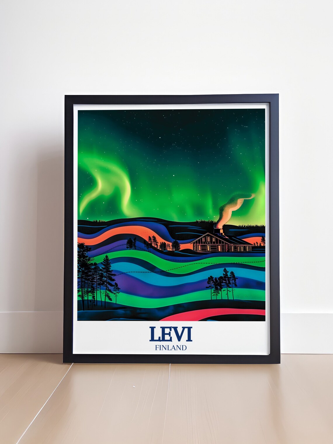Levi Finland Aurora Borealis Poster With Northern Lights Cabin - Image 4