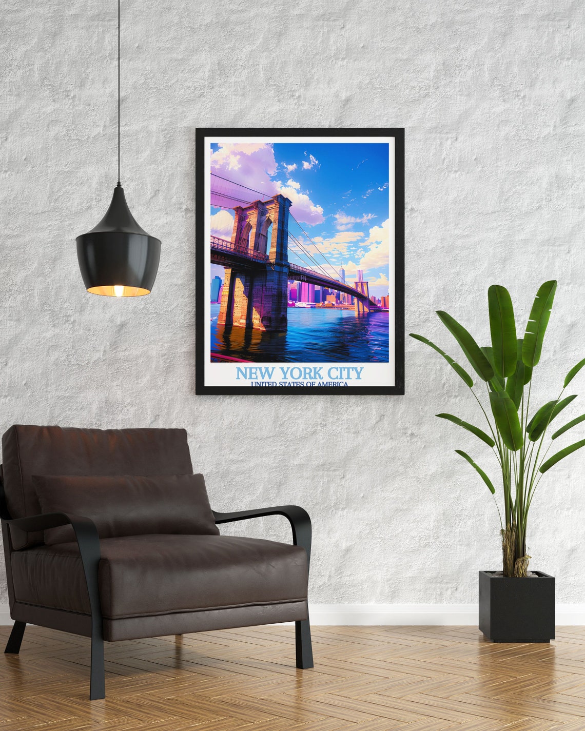 New York City Brooklyn Bridge Sunset Purple Sky Harbor Poster - Image 3