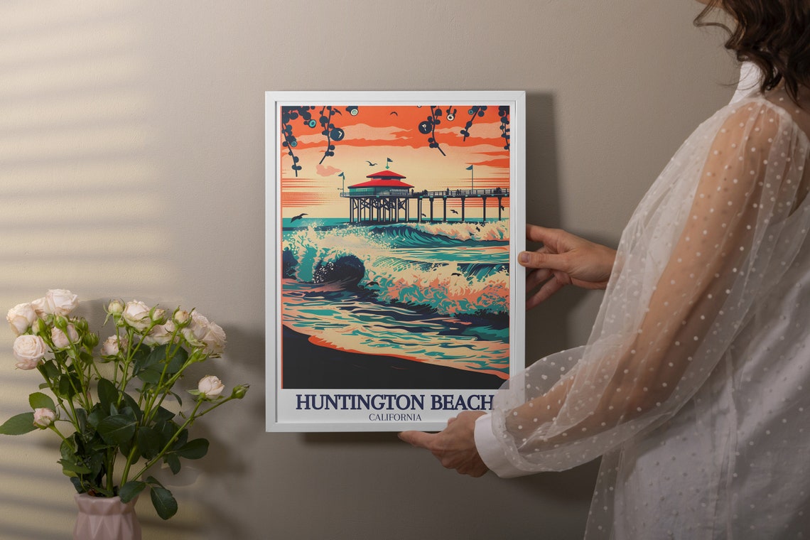 Huntington Beach Pier at Sunset With Big Crashing Waves Travel Poster - Image 2