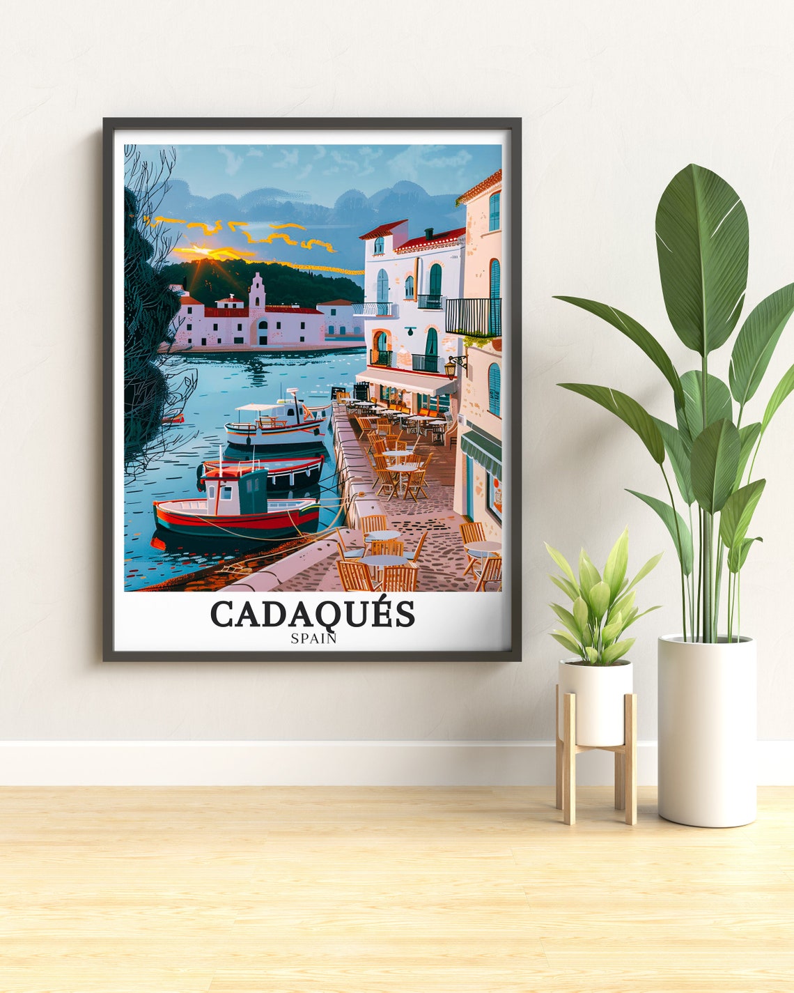 Cadaques Waterfront Cafes and Moored Boats at Golden Hour Poster - Image 2