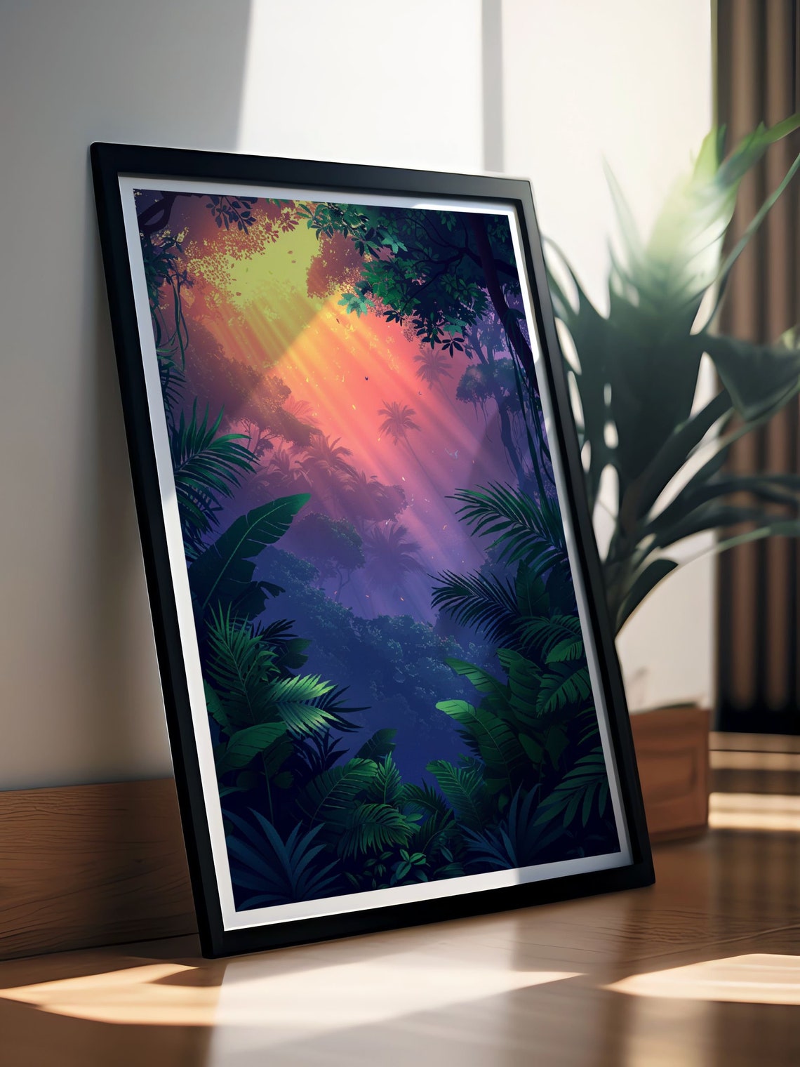 Golden Sunbeams Streaming Through Misty Tropical Jungle Lush Wall Art - Image 2
