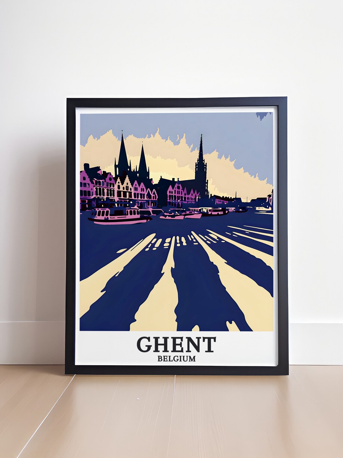 Ghent Belgium Graslei Harbor Boats Spires Evening Pop Art Poster - Image 4