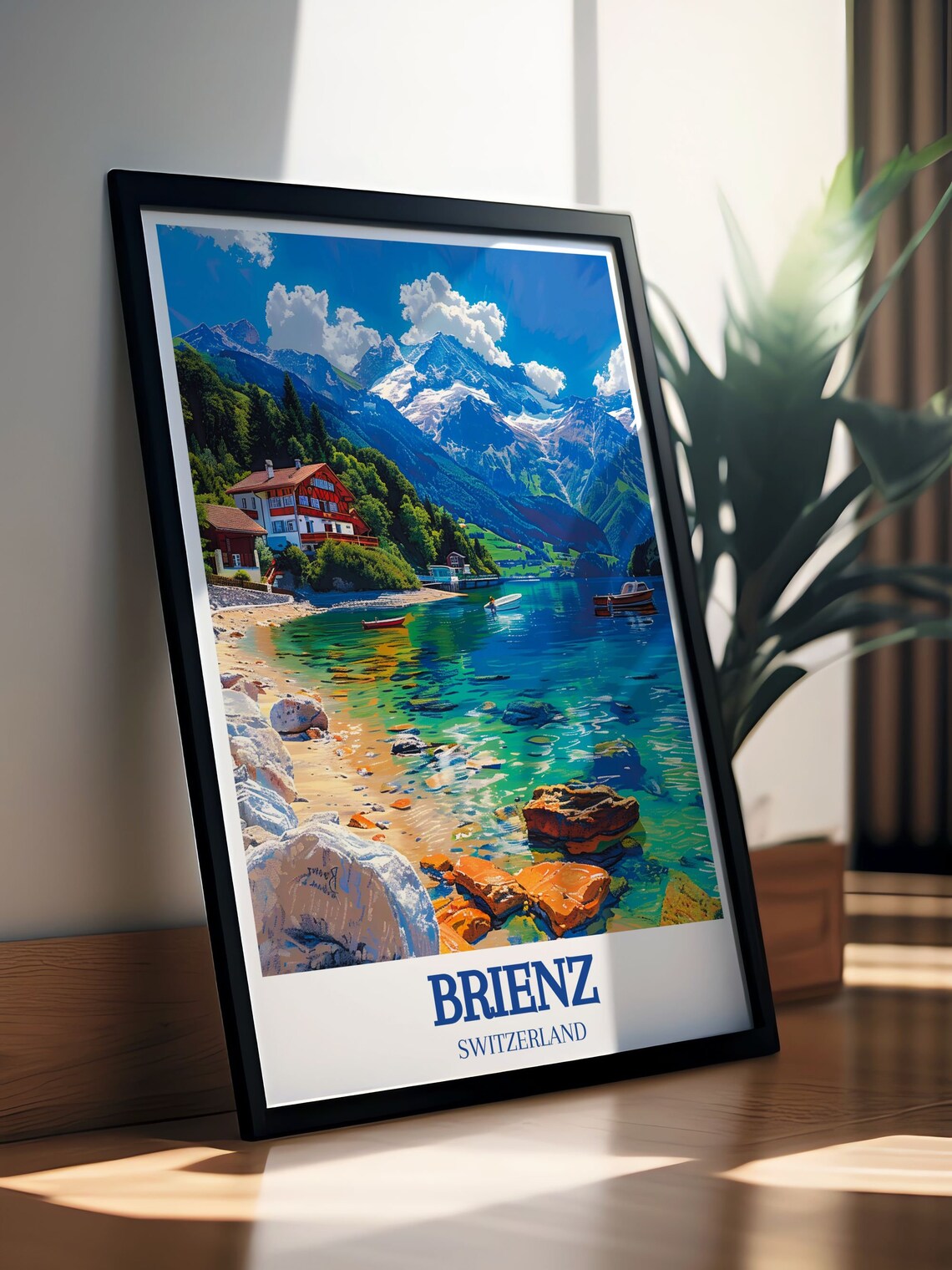 Brienz Switzerland Rocky Lakeshore Chalets And Crystal Water Poster - Image 2