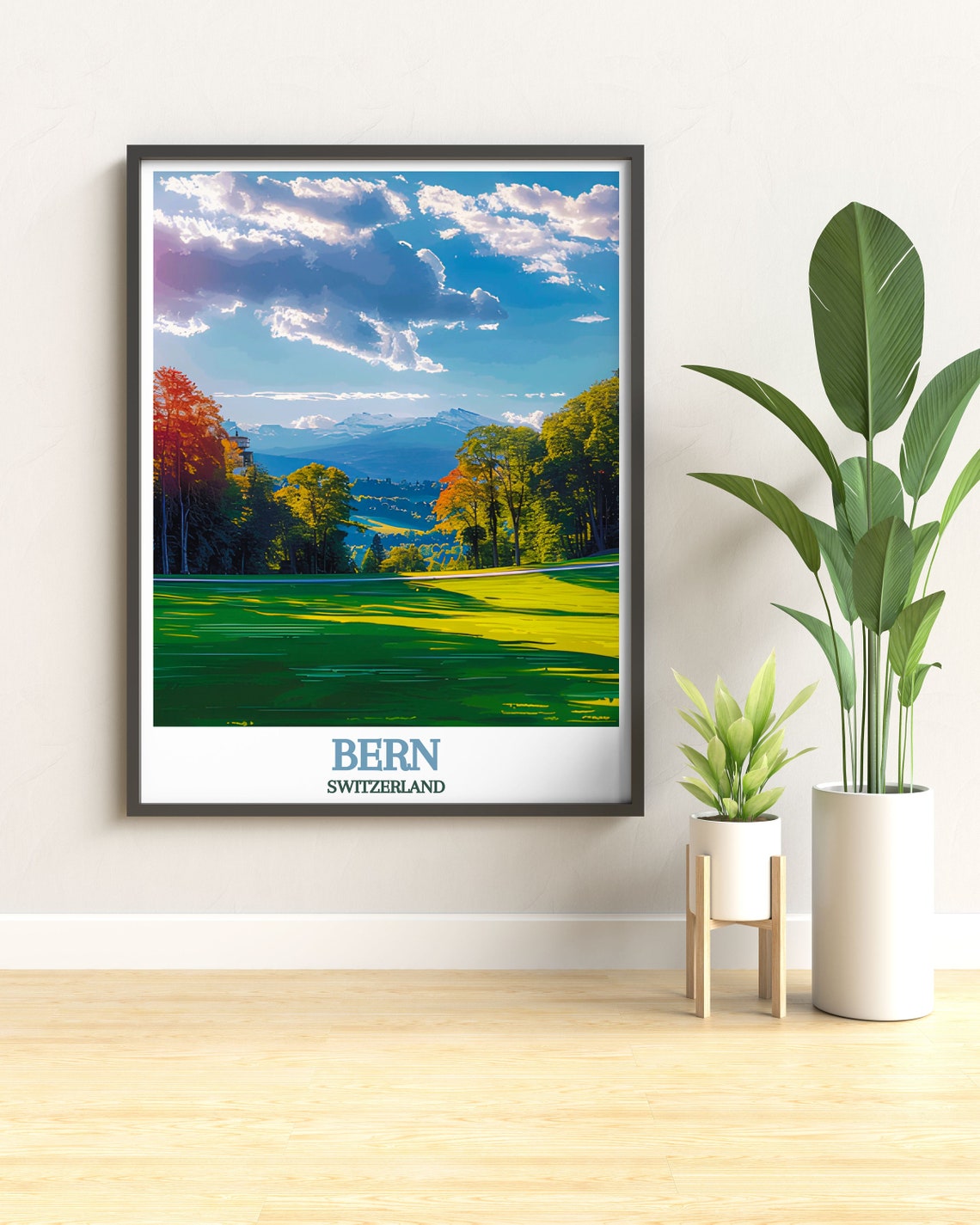 Bern Switzerland Green Meadow and Alpine Peaks Travel Poster - Image 3