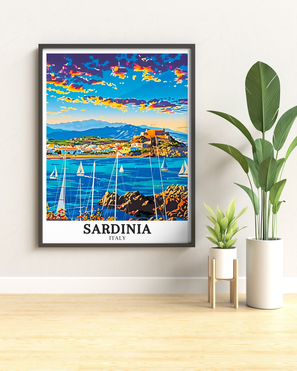 Sardinia Italy Coastal Town at Sunset With Moored Sailboats Poster - Image 2