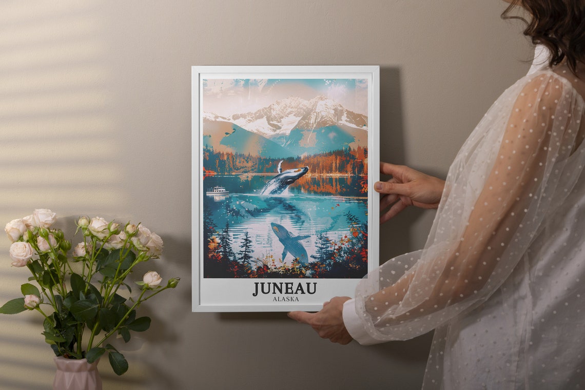 Juneau Alaska Breaching Whale and Snowy Mountain Lake View Poster - Image 3