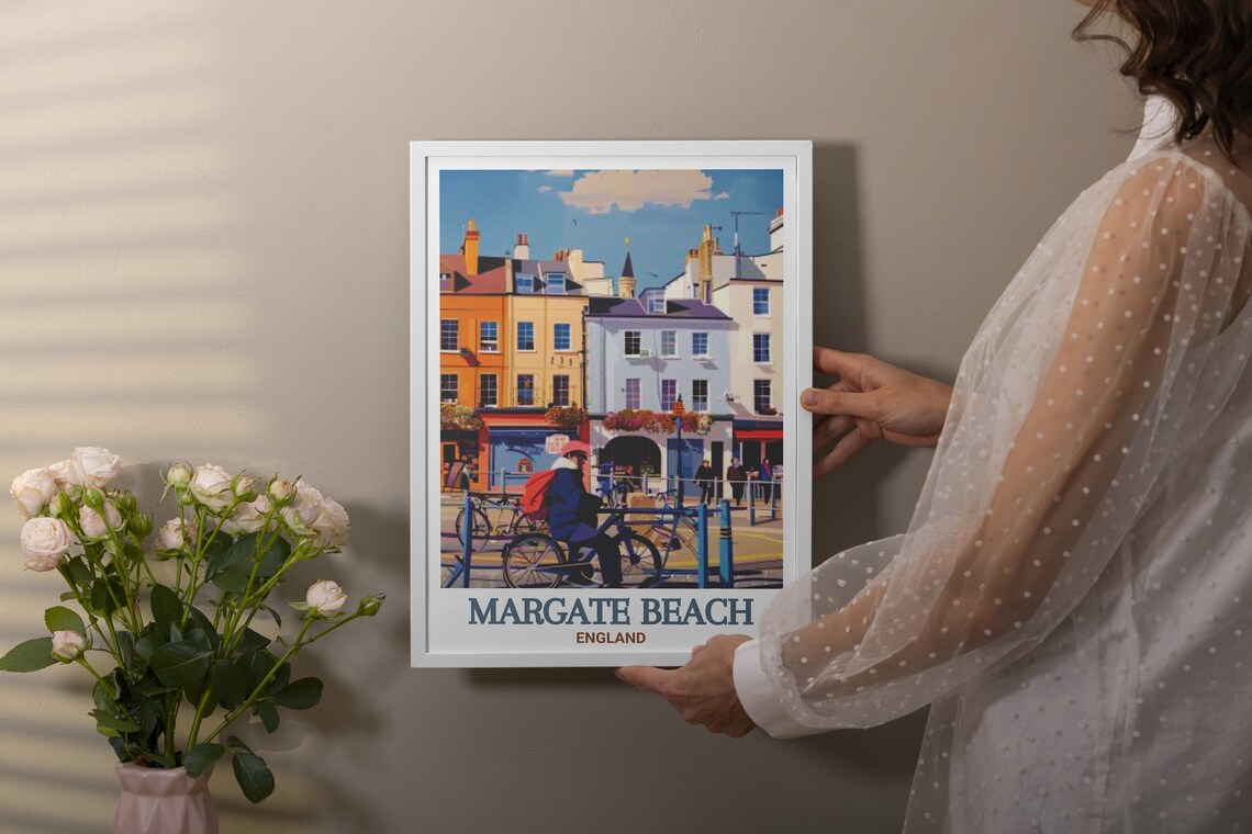 Margate Beach England Old Town Colorful Street Cyclist Art Poster - Image 2