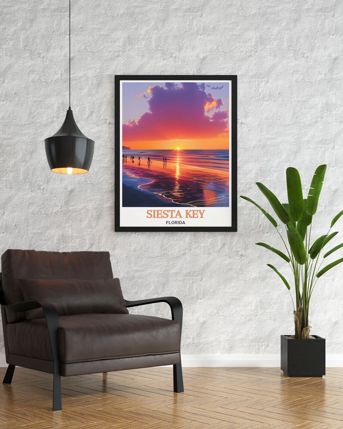 Siesta Key Florida Sunset Beach Walkers Pink Sky Reflection Travel Poster - Image 2