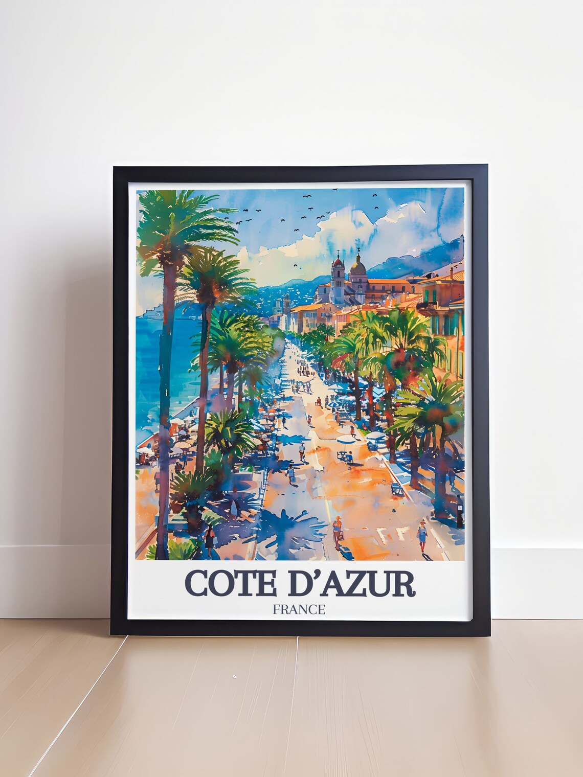 Cote d'Azur France Palm Promenade Seaside Watercolor Travel Poster - Image 4