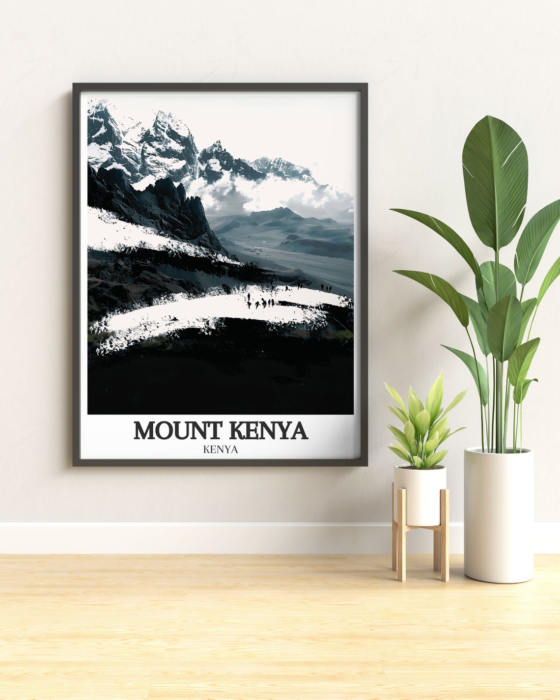 Mount Kenya Snowy Peaks Black and White Mountain Travel Poster - Image 3