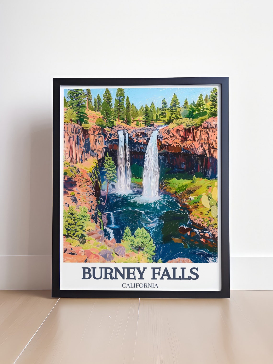 Burney Falls Twin Cascades Into Turquoise Pool Red Cliffs Poster - Image 4
