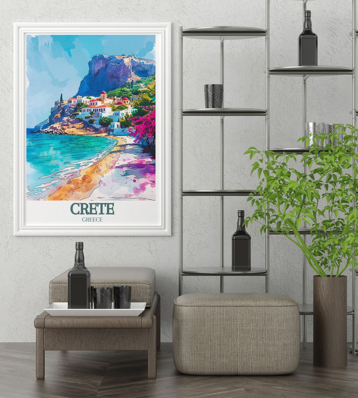 Crete Greece Watercolor Beach Village Red Domes Travel Poster - Image 4