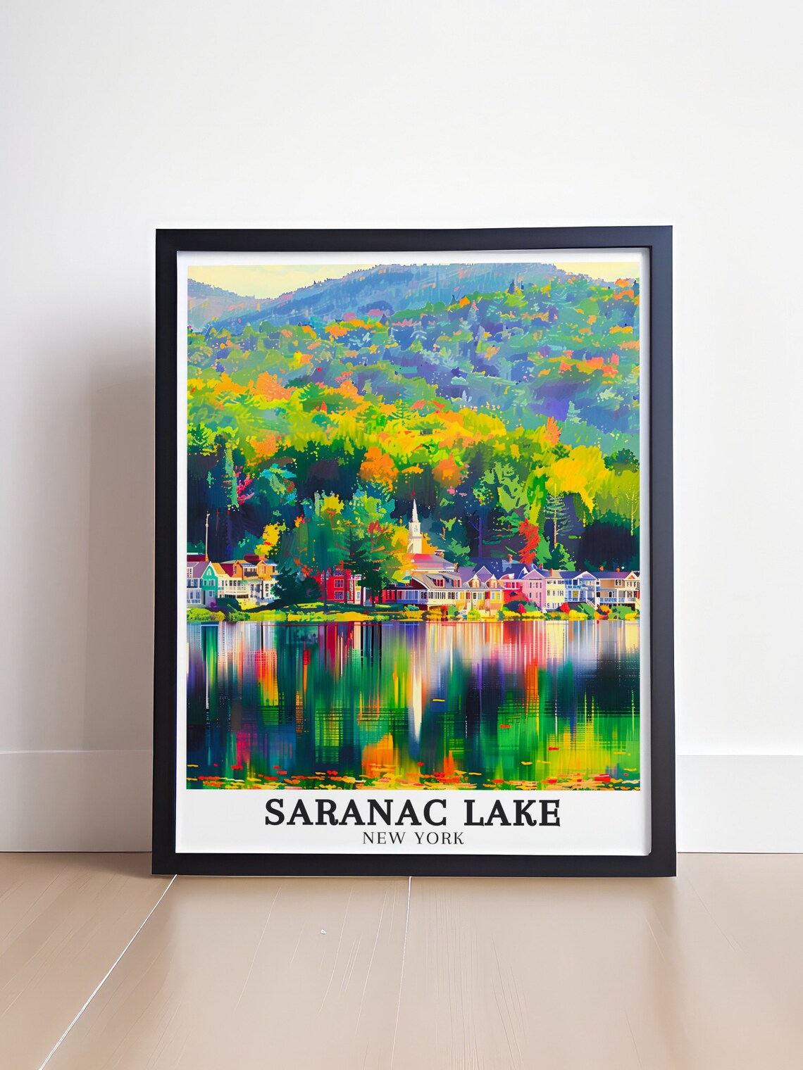 Saranac Lake Autumn Village Reflection Fall Colors Travel Poster - Image 4