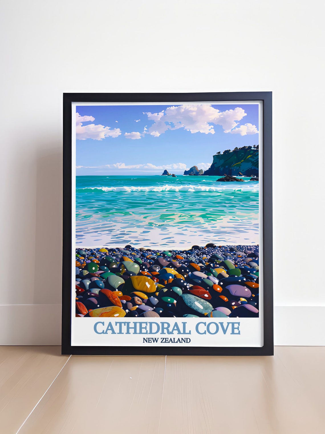 Cathedral Cove Gemstone Pebble Beach Waves New Zealand Poster - Image 4