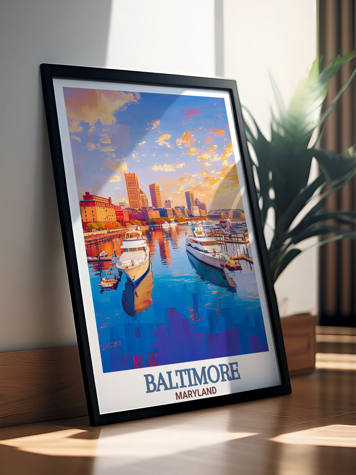 Baltimore Maryland Inner Harbor Yachts Sunset Skyline Travel Poster - Image 3