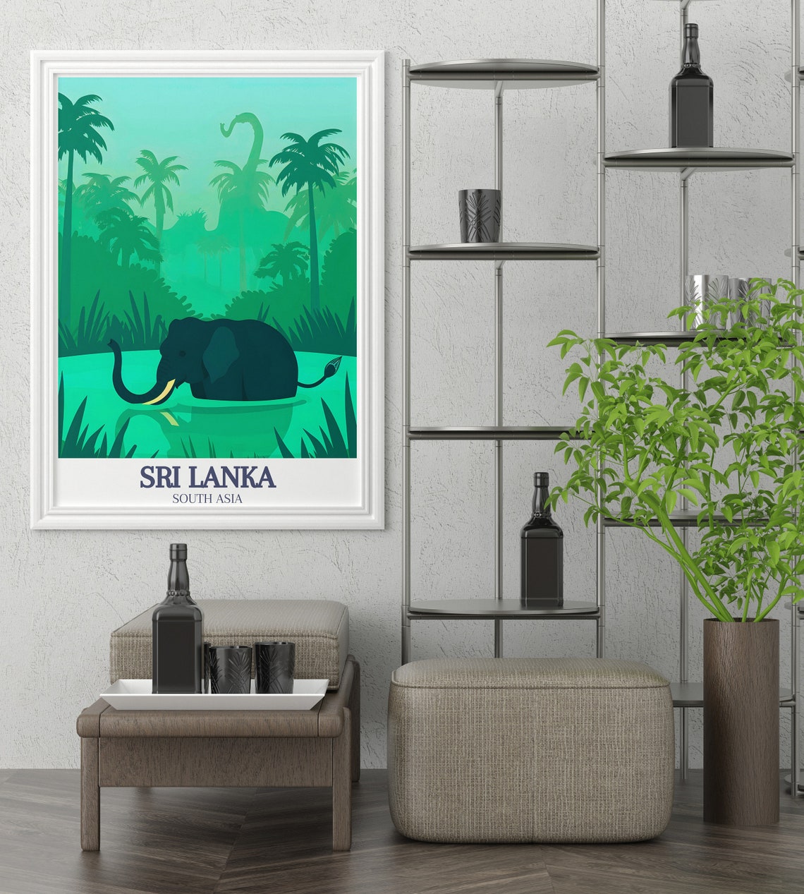 Sri Lanka Elephant River Jungle Emerald Silhouette Travel Art Poster - Image 2