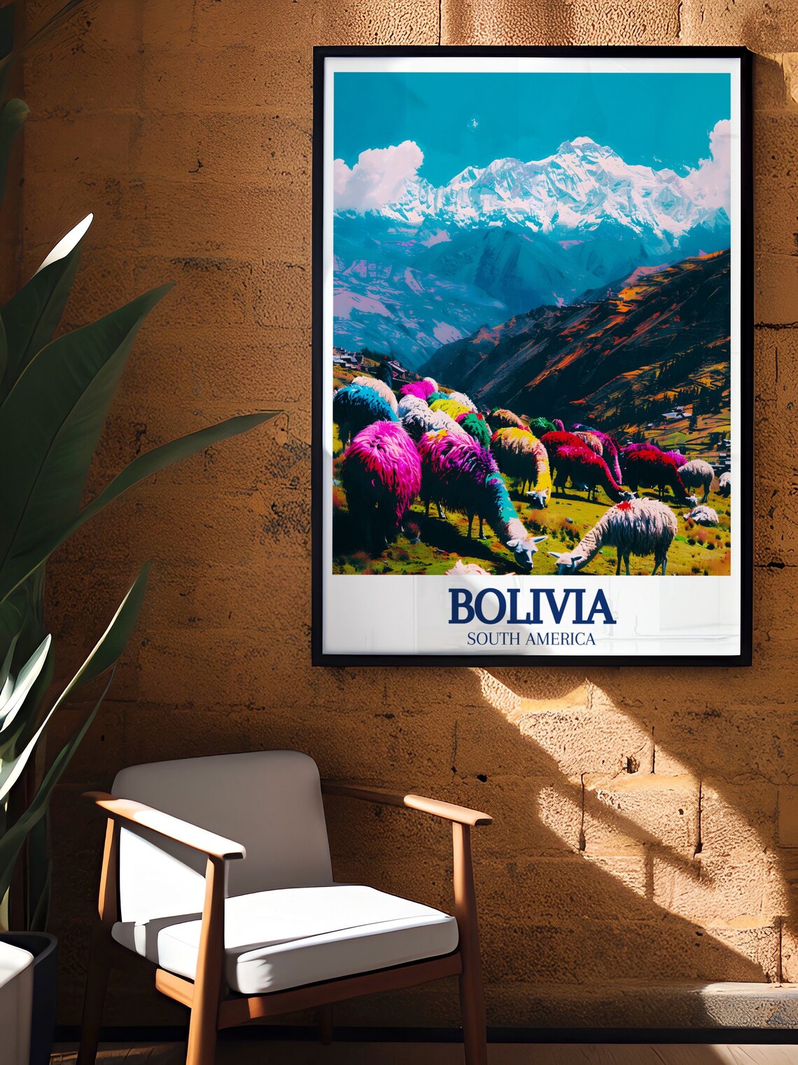Bolivia Altiplano Llamas Snow Capped Andes Mountain Travel Poster - Image 2