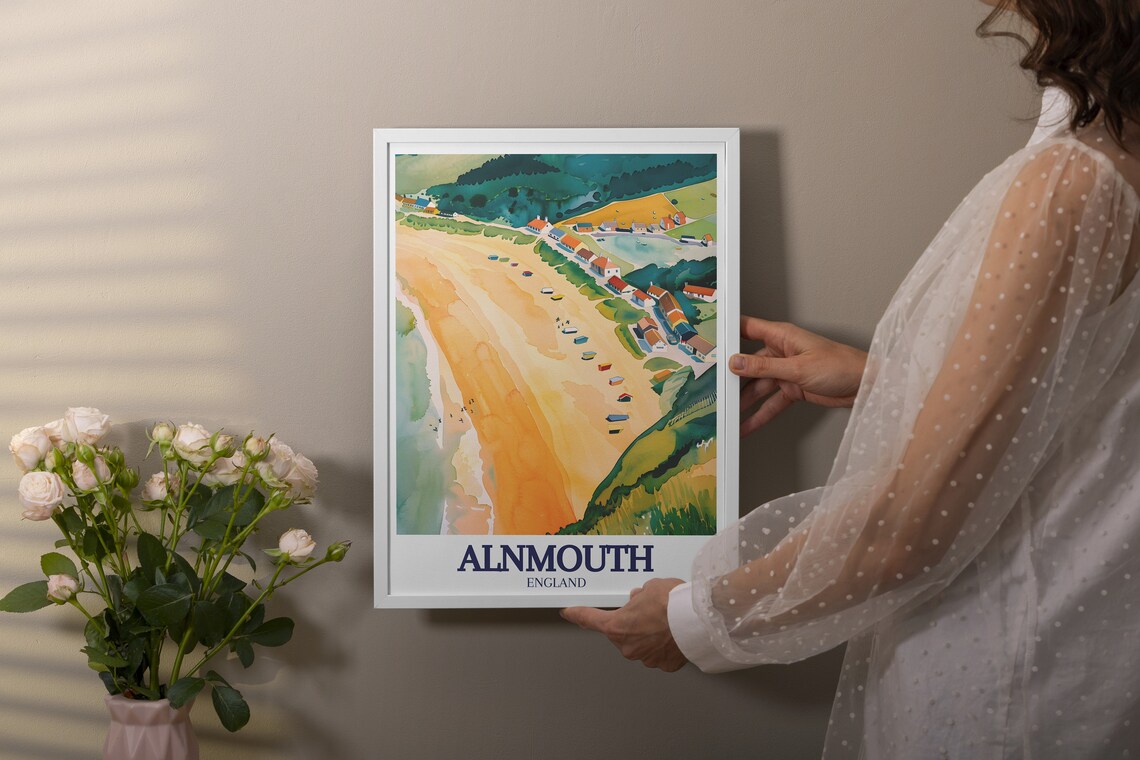 Alnmouth England Aerial Beach Village Watercolor Travel Poster - Image 2