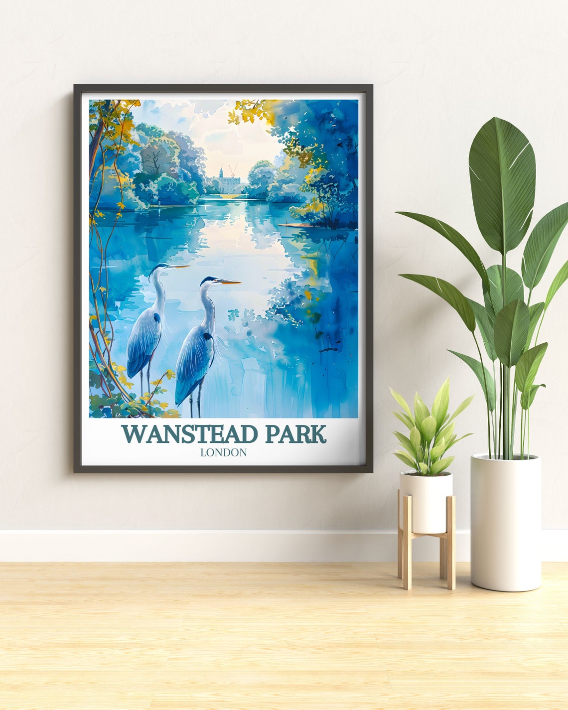 Wanstead Park London Herons on Lake Watercolor Travel Poster - Image 2
