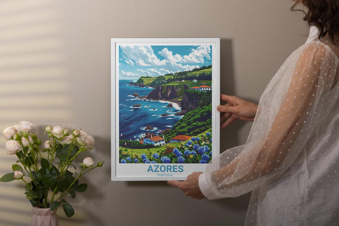 Azores Portugal Dramatic Cliffs Hydrangea Coast Travel Poster - Image 4