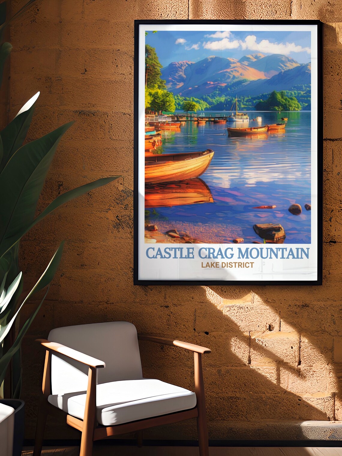 Castle Crag Mountain Derwentwater Lakeside Boats at Sunset Poster - Image 3