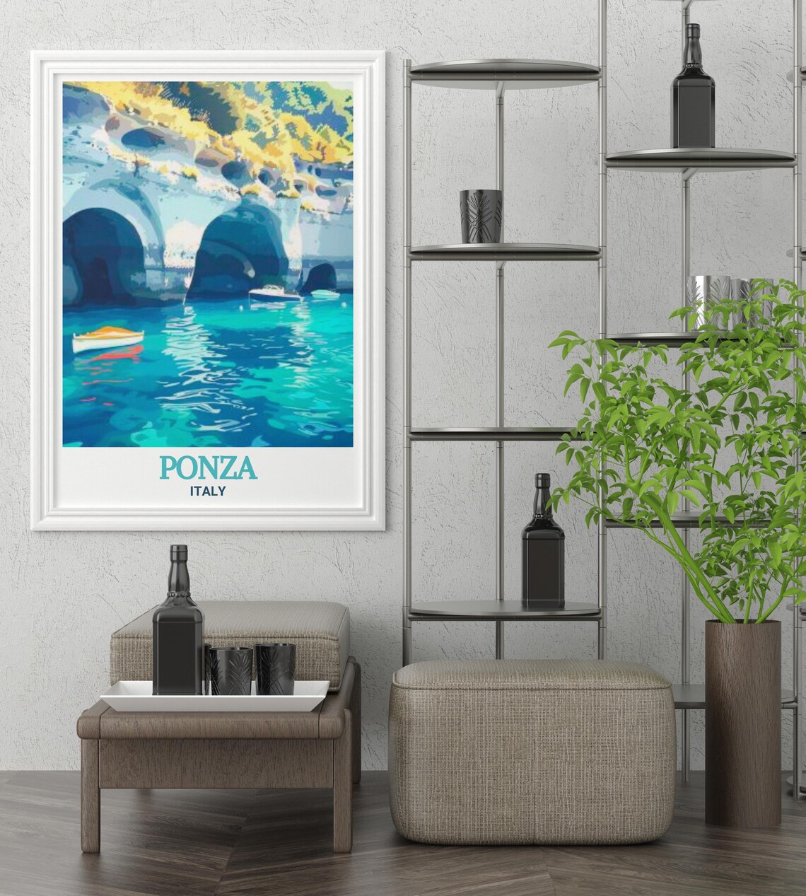 Ponza Italy Sea Caves Turquoise Waters Small Boats Travel Poster - Image 2