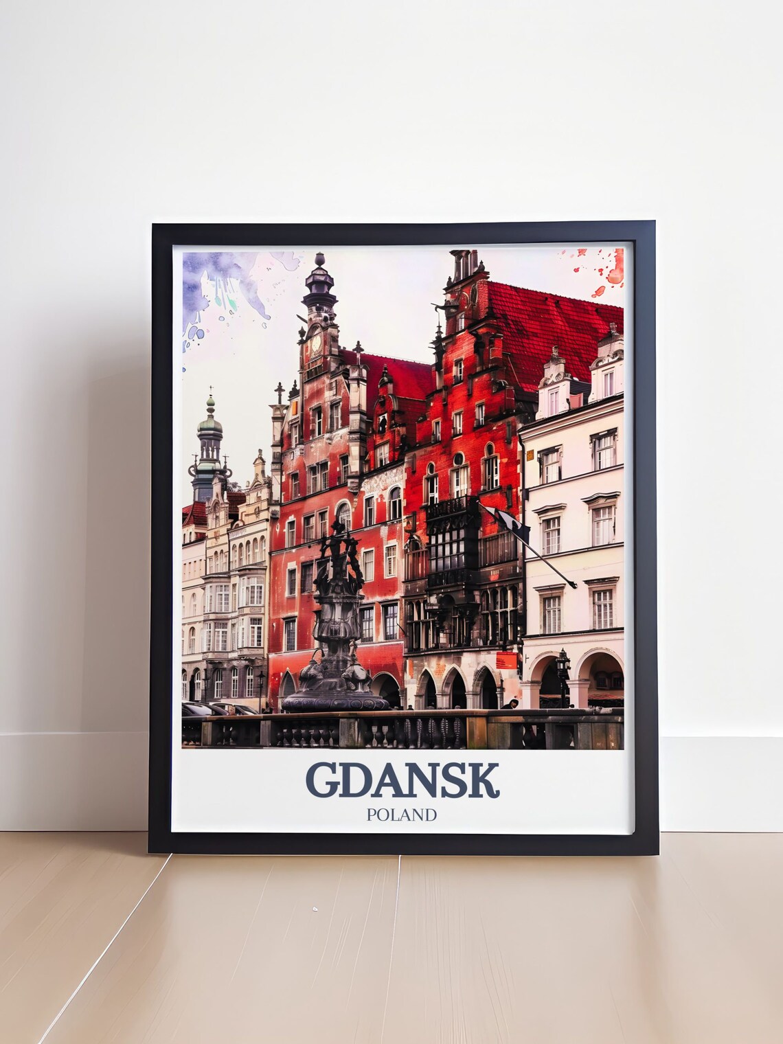 Gdansk Poland Old Town Neptune Fountain Watercolor Cityscape Poster - Image 4