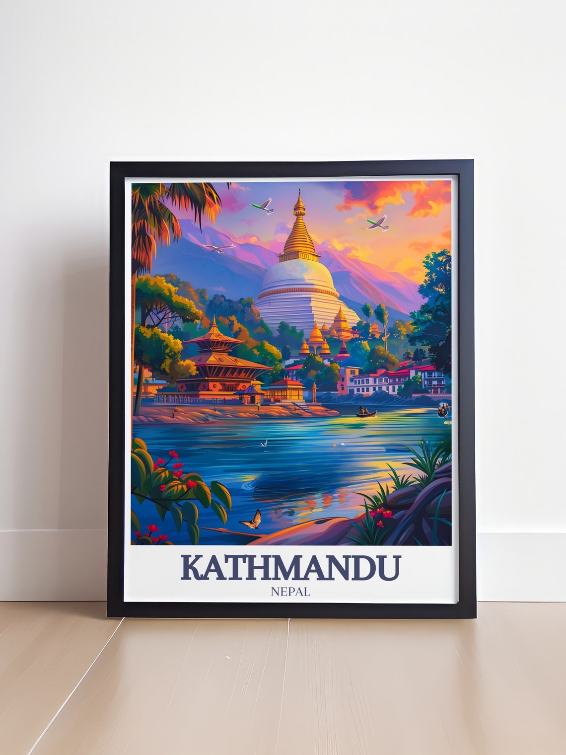 Kathmandu Nepal Stupa River Sunset Vibrant Illustrative Art Poster - Image 4