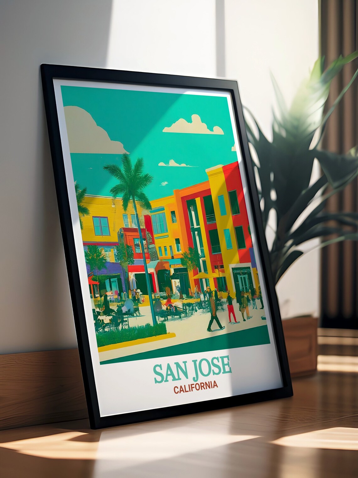San Jose California Santana Row Colorful Street Scene Travel Poster - Image 3