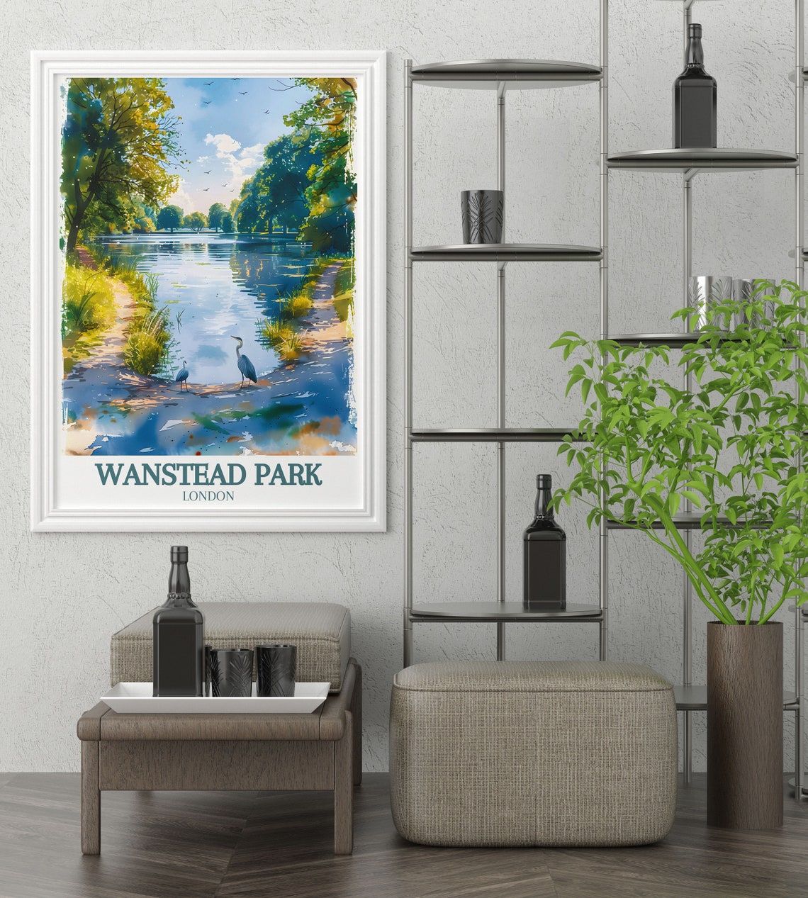 Wanstead Park Lakeside Trail Herons Watercolor Travel Poster - Image 2