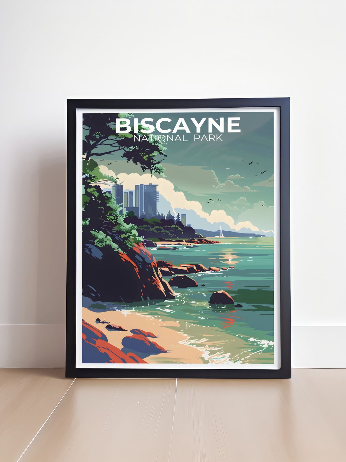 Biscayne National Park Rocky Shore With Distant City Skyline Poster - Image 4