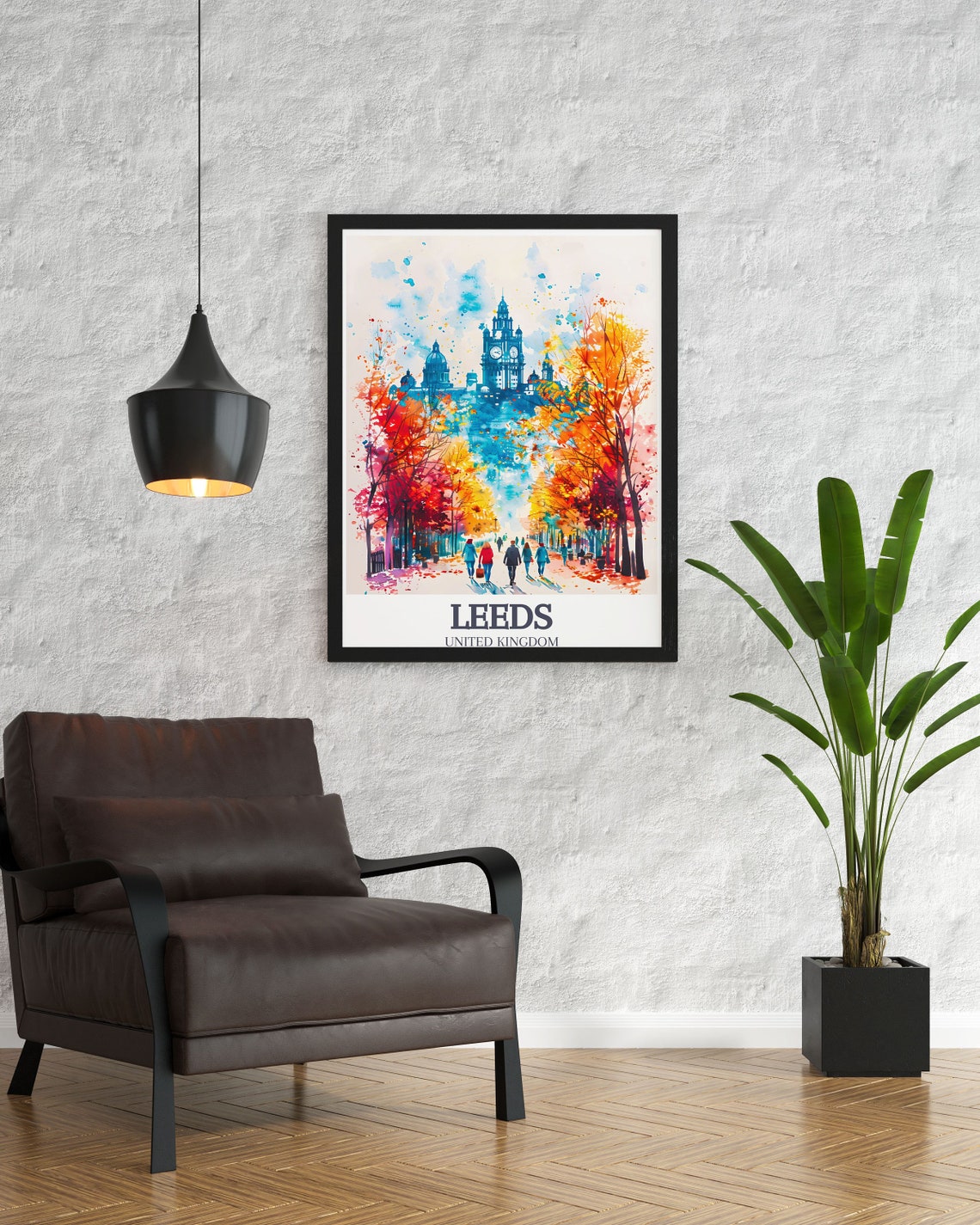Leeds United Kingdom Watercolor Clock Tower Autumn Streets Poster - Image 3