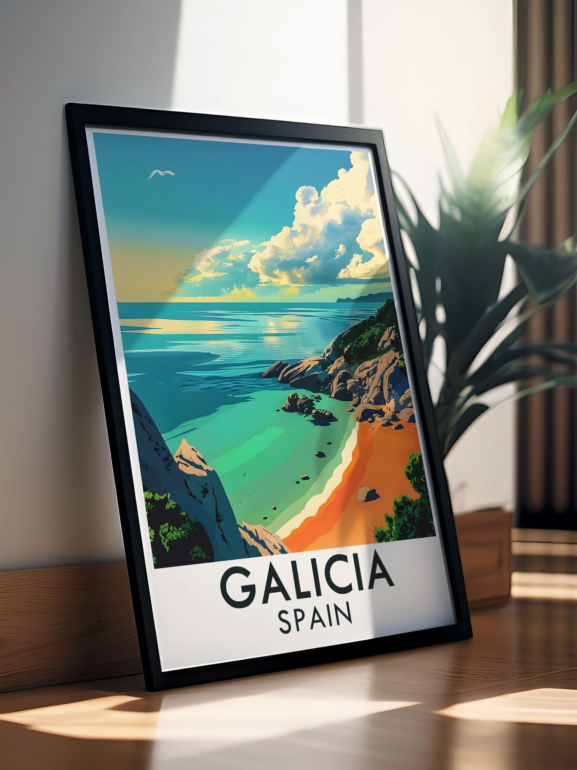 Galicia Spain Turquoise Cove Beach with Orange Sand Cliffs Poster - Image 2