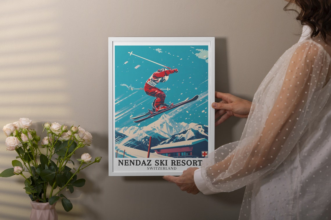 Nendaz Switzerland Retro Ski Jump Poster Alpine Winter Sports Art - Image 2
