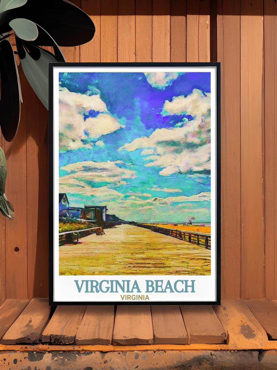 Virginia Beach Boardwalk Painterly Clouds Ocean Travel Poster - Image 3
