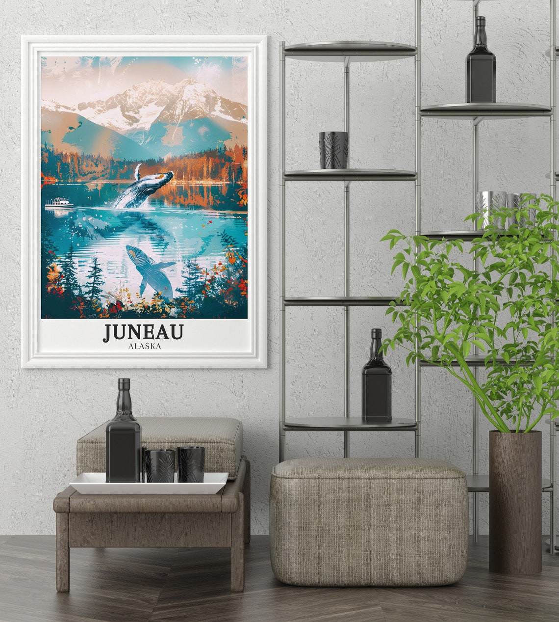 Juneau Alaska Breaching Whale and Snowy Mountain Lake View Poster - Image 2